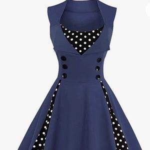 NWOT. Dark blue with black and white polka dots dress. Vintage look.